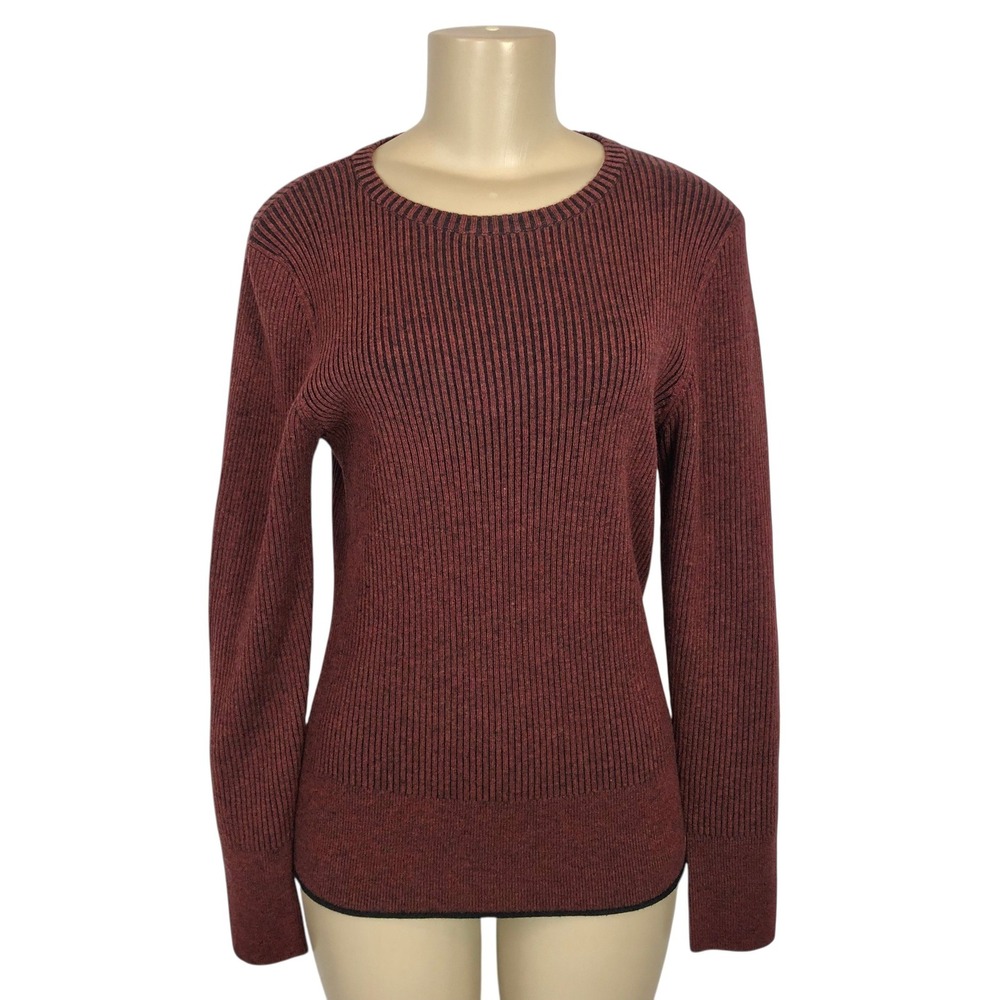 Lewit Wool Cashmere Blend Ribbed Knit Sweater Size S/1 Burgundy Stripe Crew Neck